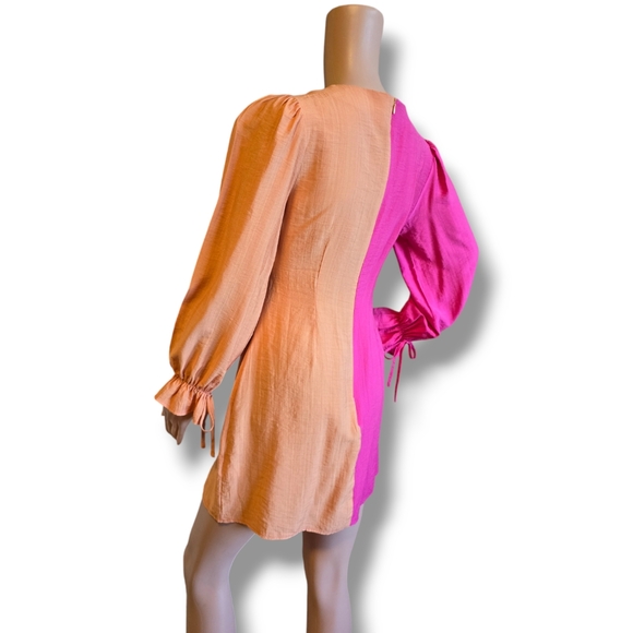 Women's Two Tones Flounce Sleeve Ruched Dress Pink/ Orange Peach - Picture 6 of 16